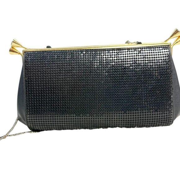 Whiting & Davis Black Mesh Bag Long Chainlink Crossbody Strap Elegant Vintage - Picture 3 of 11